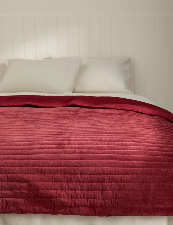 M&s Pure Cotton Velvet Narrow Stripe Bedspread Red 