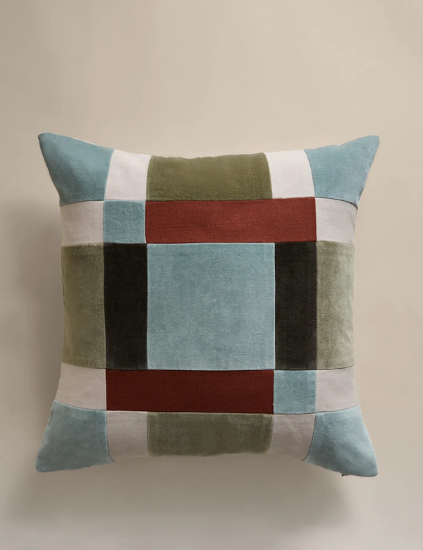  M&s Pure Cotton Velvet Patchwork Cushion Cover Green Mix 