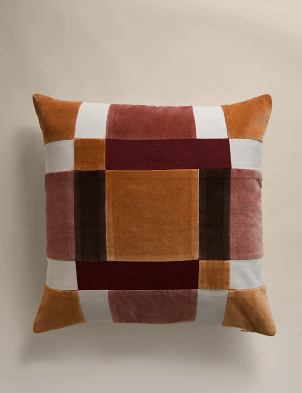  M&s Pure Cotton Velvet Patchwork Cushion Cover Rust Mix 
