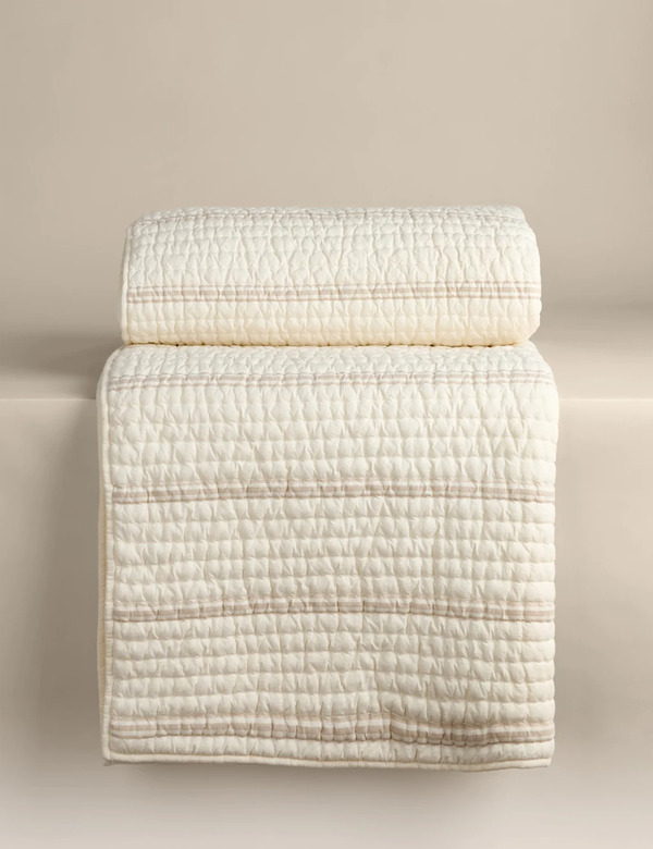  M&s Pure Cotton Yarn Dyed Striped Bedspread White 