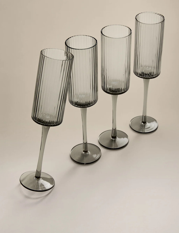  M&s Set Of 4 Celine Ribbed Champagne Flutes Dark Grey 