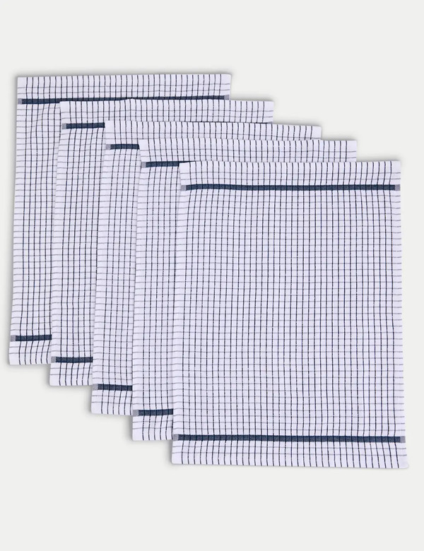  M&s Set Of 5 Checked Terry Tea Towels Blue 
