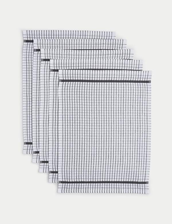  M&s Set Of 5 Checked Terry Tea Towels Dark Grey 