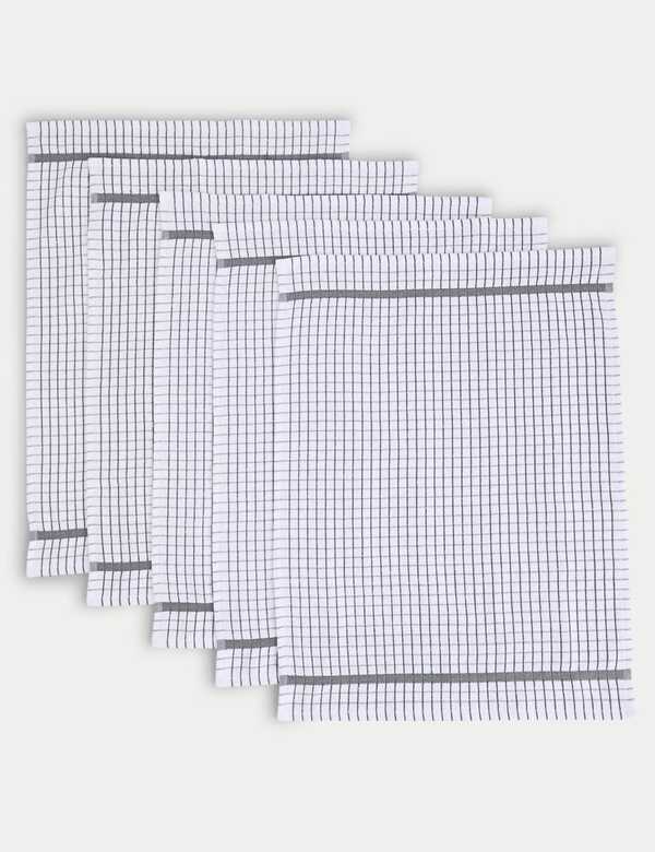  M&s Set Of 5 Checked Terry Tea Towels Light Grey 