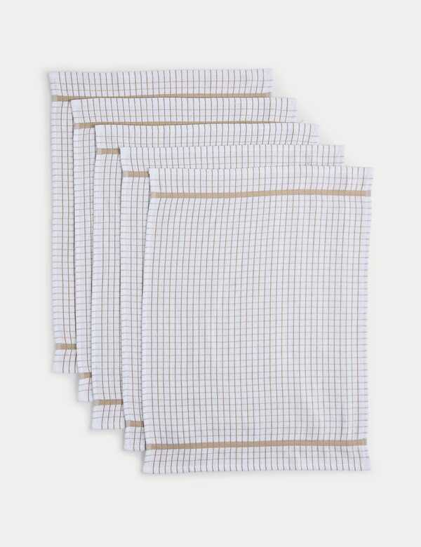  M&s Set Of 5 Checked Terry Tea Towels Neutral 
