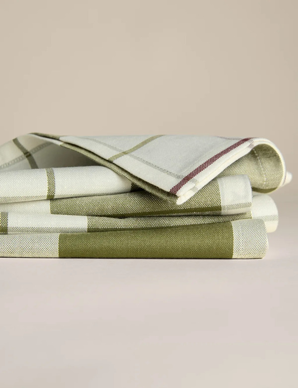  M&s Set Of 4 Cotton Rich Checked Napkins Green Mix 