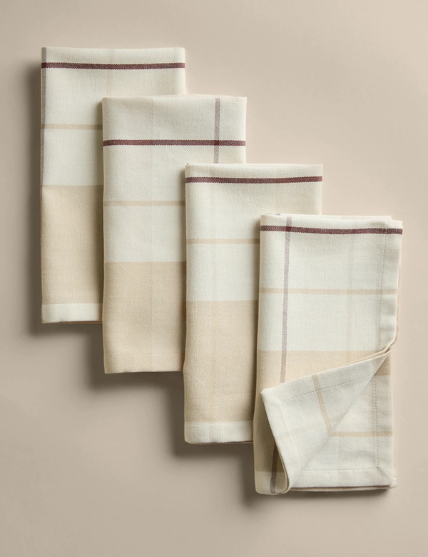  M&s Set Of 4 Cotton Rich Checked Napkins Natural Mix 