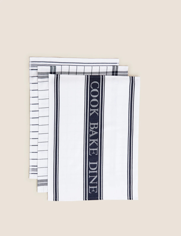  M&s Set Of 3 Cotton Rich Striped Tea Towels Blue 