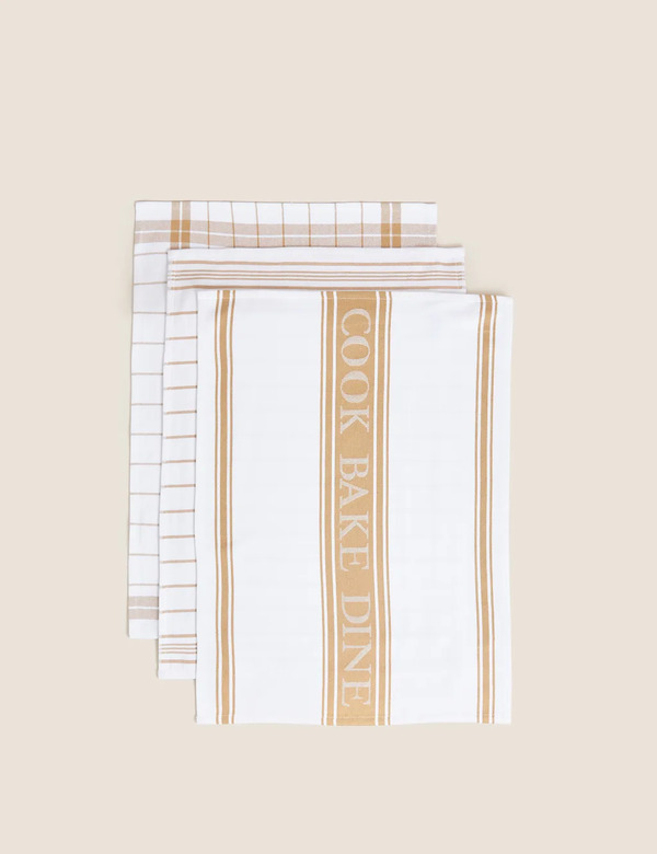  M&s Set Of 3 Cotton Rich Striped Tea Towels Neutral 