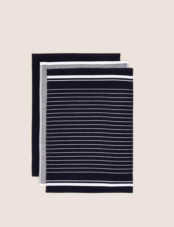  M&s Set Of 3 Cotton Rich Tea Towels Blue 