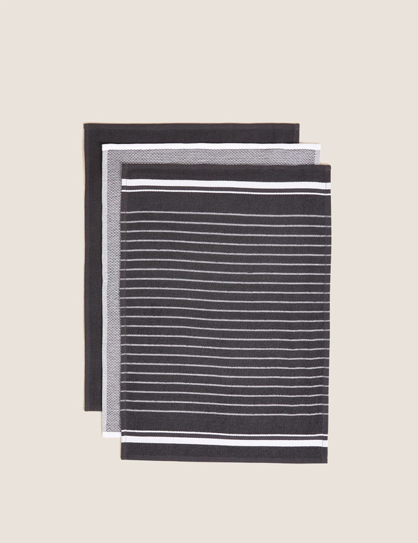  M&s Set Of 3 Cotton Rich Tea Towels Dark Grey 