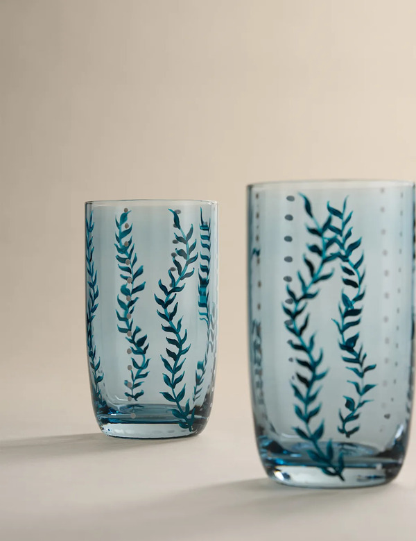  M&s Set Of 2 Hand Painted Hi Ball Glasses Blue 