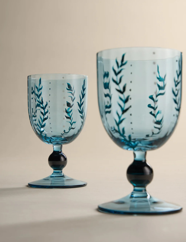  M&s Set Of 2 Hand Painted Wine Glasses Blue 