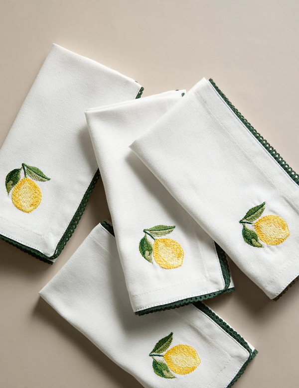  M&s Set Of 4 Pure Cotton Lemon Embroidered Napkins Yellow Mix 