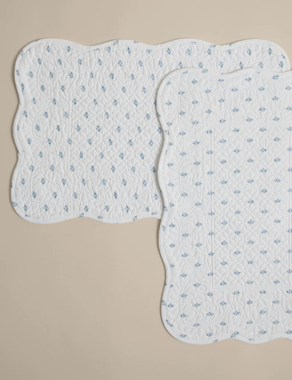  M&s Set Of 2 Pure Cotton Quilted Coastal Placemats White Mix 