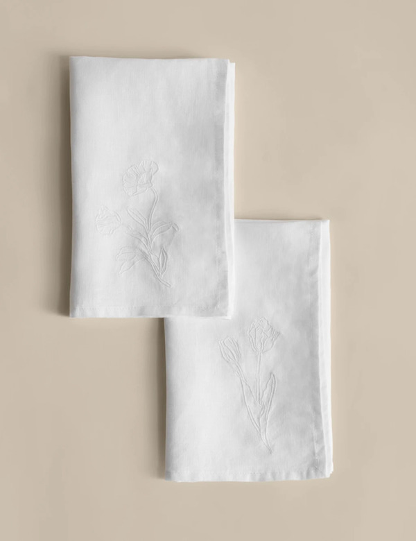  M&s Set Of 2 Pure Linen Embroidered Napkins Ecru 