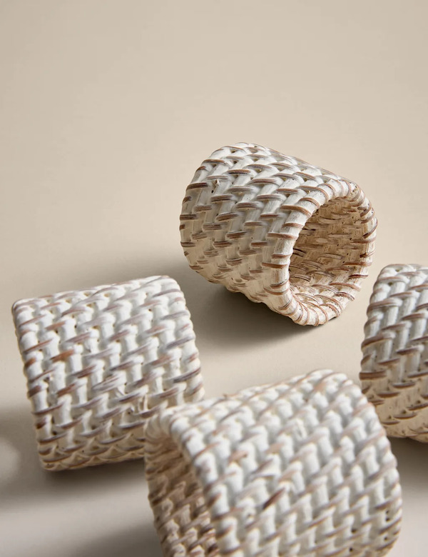  M&s Set Of 4 Rattan Napkin Rings White 