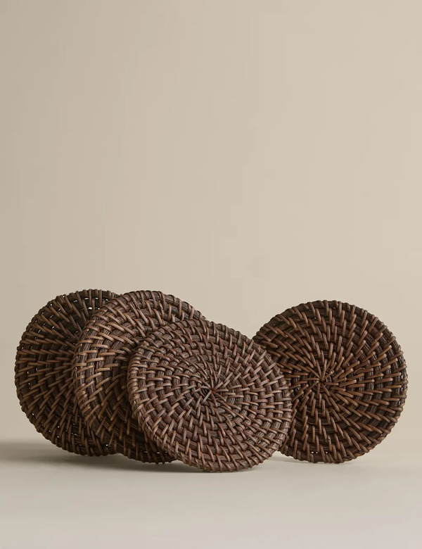  M&s Set Of 4 Rattan Oval Coasters With Holder Brown 