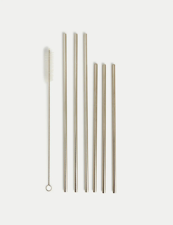  M&s Set Of 6 Reusable Stainless Steel Straws Silver 