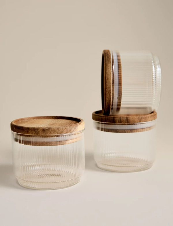  M&s Set Of 3 Small Stacking Glass Storage Jars Clear 