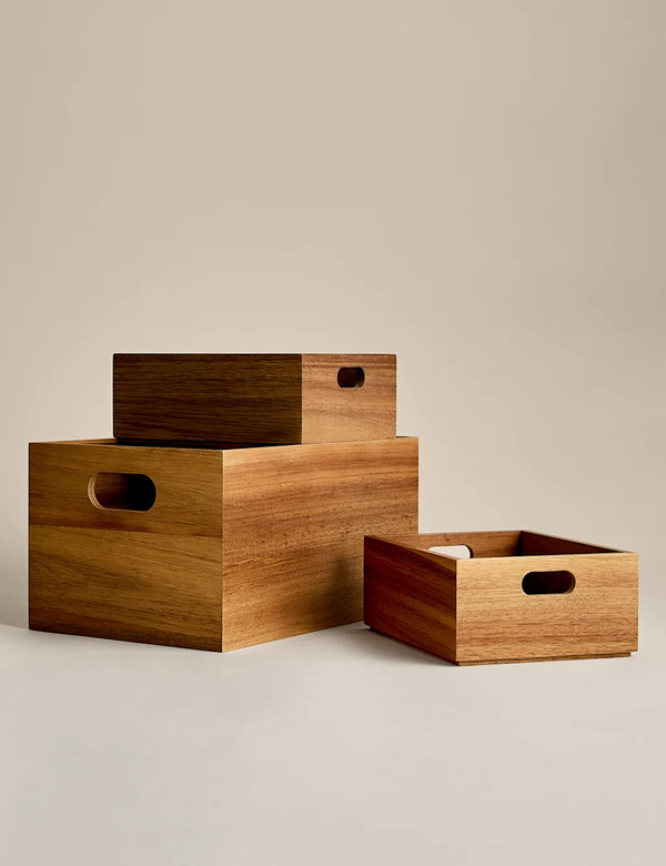  M&s Set Of 3 Wooden Stacking Boxes Natural 