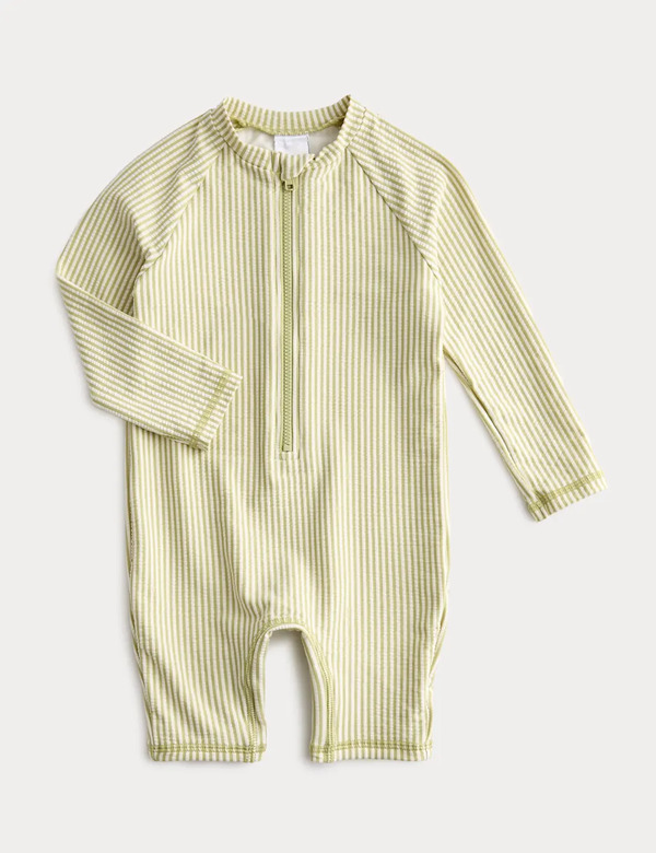  M&s Striped Long Sleeve Swimsuit (0-3 Yrs) Green 