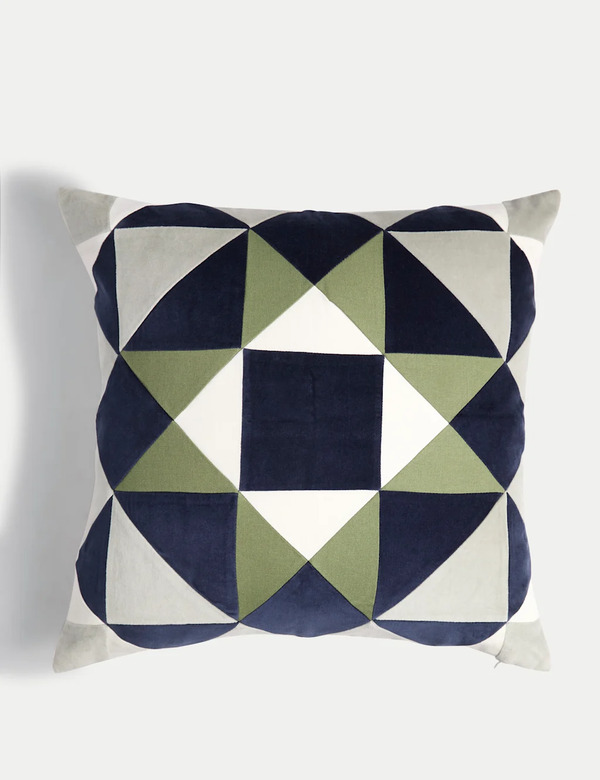  M&s Velvet Geometric Cushion Green Mix 