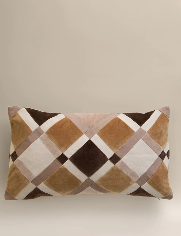  M&s Velvet Geometric Patchwork Bolster Cushion Natural Mix 