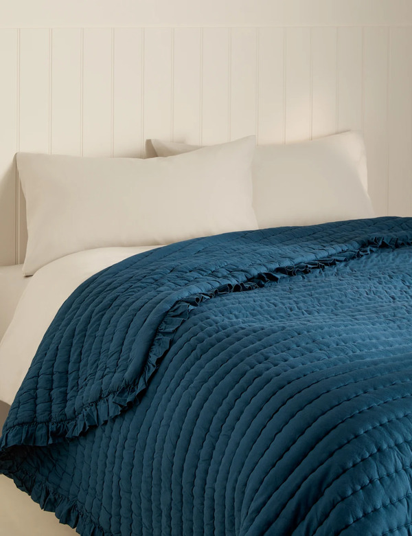  M&s Washed Cotton Quilted Ruffle Bedspread Teal 