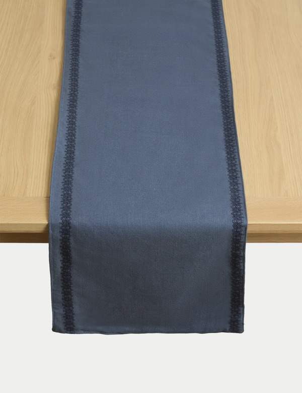  M&s X Fired Earth Pure Cotton Embroidered Table Runner Dark Blue 