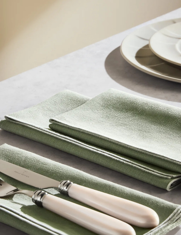  M&s X Kelly Hoppen Set Of 4 Pure Linen Contrast Edge Napkins Green Mix 