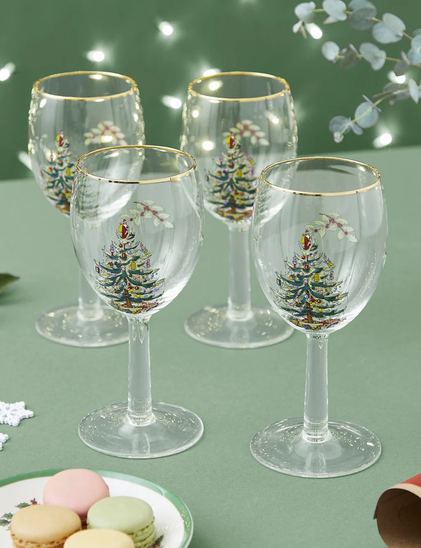  Spode Set Of 4 Christmas Tree Wine Glasses Multi 