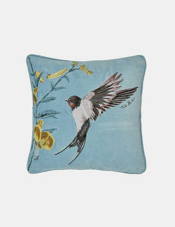  Ted Baker Velvet Botanical Birds Cushion Duck Egg 