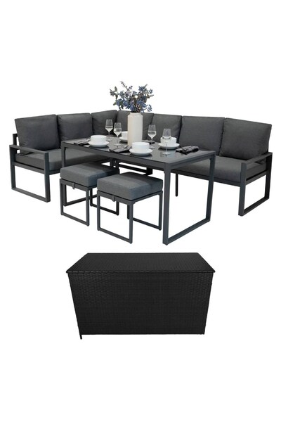  Jardi Aluminium Sofa Set & Black Rattan Storage Box Grey 