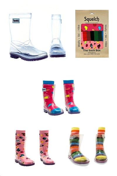  Squelch Kids Transparent Welly Boots And Sock Package 