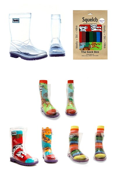  Squelch Kids Transparent Welly Boots And Sock Package 