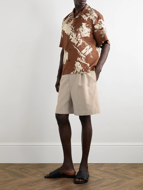  Bottega Veneta - Convertible-collar Printed Silk And Cotton-blend Shantung Shirt - Men - Brown - It 48 