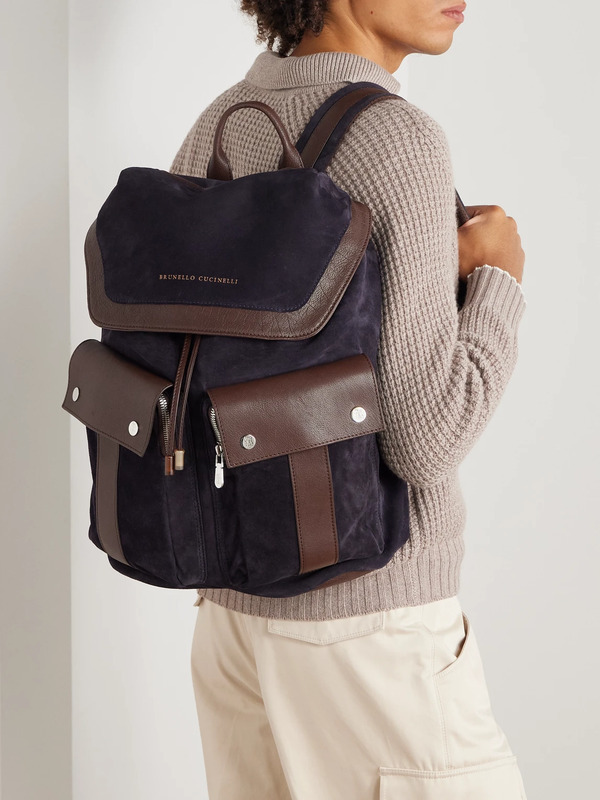  Brunello Cucinelli - Leather-trimmed Suede Backpack - Men - Blue 