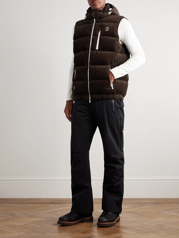  Brunello Cucinelli - Logo-embroidered Quilted Padded Cotton-corduroy Hooded Down Gilet - Men - Brown - L 