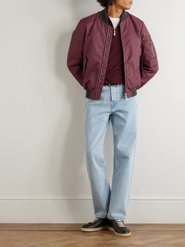  Brunello Cucinelli - Padded Cashmere-trimmed Shell Bomber Jacket - Men - Burgundy - It 46 