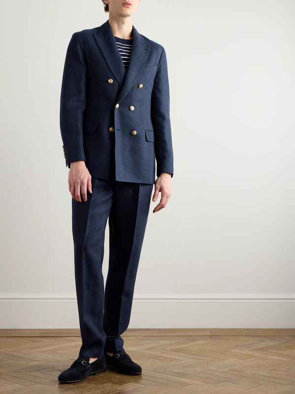  Brunello Cucinelli - Slim-fit Double-breasted Linen, Silk, Wool And Cotton-blend Suit Jacket - Men - Blue - It 52 