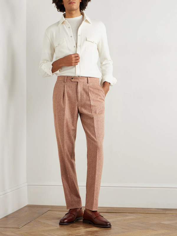  Brunello Cucinelli - Straight-leg Pleated Herringbone Wool And Cashmere-blend Trousers - Men - Orange - It 46 