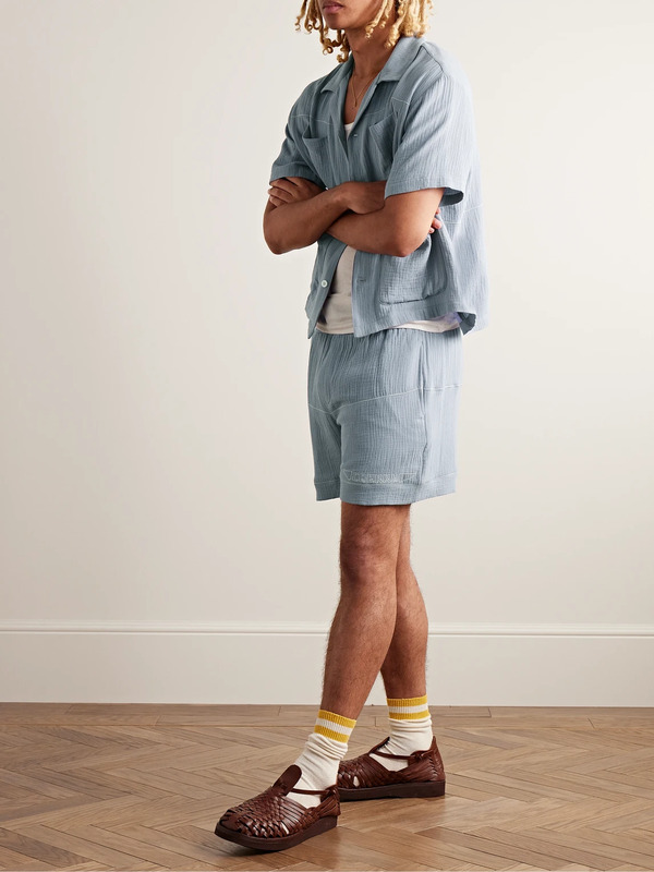  Cherry Los Angeles - Vacation Straight-leg Logo-embroidered Cotton-gauze Drawstring Shorts - Men - Blue - Xl 