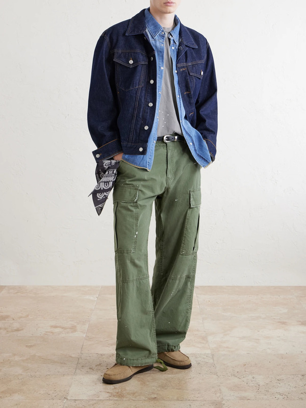  Cherry Los Angeles - Wide-leg Paint-splattered Cotton-ripstop Cargo Trousers - Men - Green - Uk/us 28 