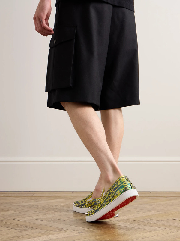  Christian Louboutin - Pik Boat Spiked Glittered Logo-print Canvas Slip-on Sneakers - Men - Yellow - Eu 41 