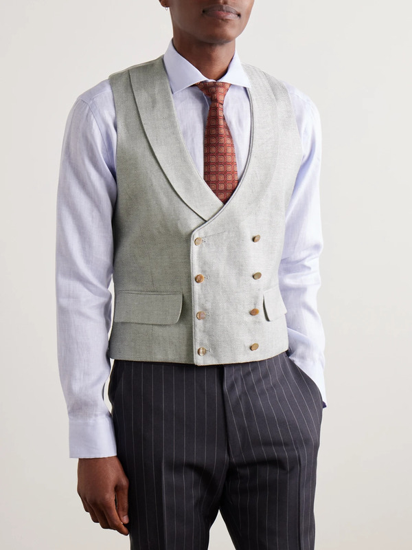  Favourbrook - Randwick Slim-fit Double-breasted Herringbone Linen And Silk-blend And Satin Waistcoat - Men - Green - Uk/us 42 