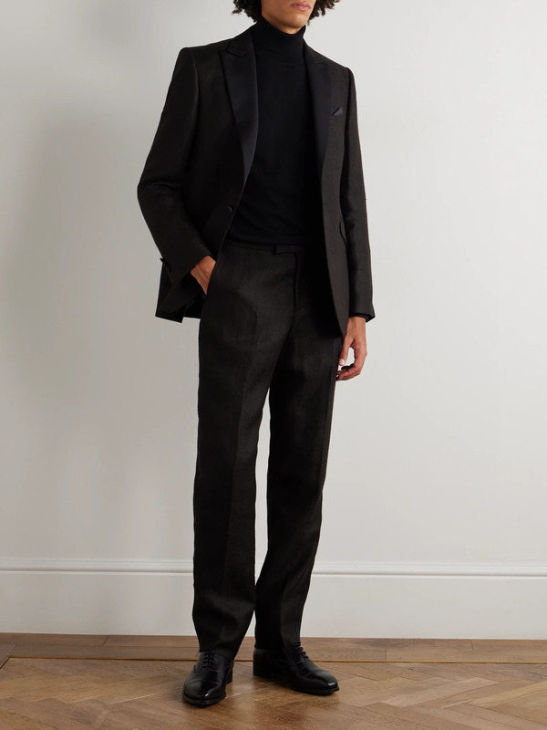  Favourbrook - Randwick Straight-leg Grosgrain-trimmed Herringbone Linen And Silk-blend Tuxedo Trousers - Men - Black - Uk/us 30 