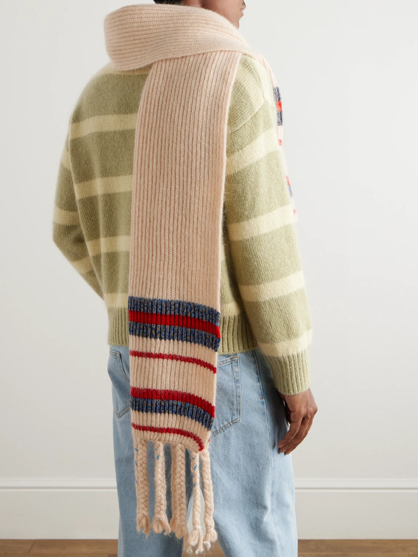  Federico Curradi - Fringed Striped Ribbed Wool-blend Scarf - Men - Neutrals 