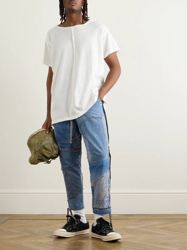  Greg Lauren - Tapered Cropped Frayed Patchwork Drawstring Jeans - Men - Blue - 5 