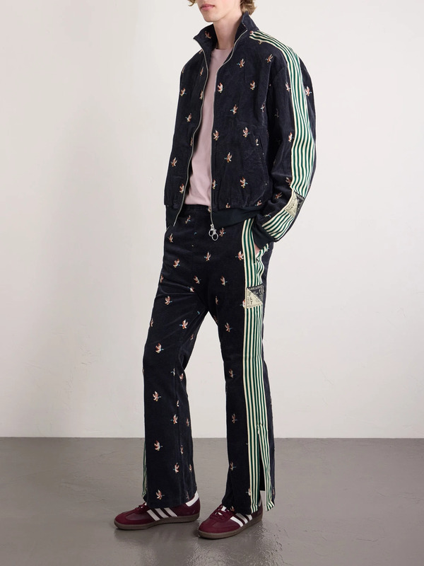  Kapital - Cropped Flared Webbing-trimmed Embroidered Cotton-blend Corduroy Sweatpants - Men - Black - 1 